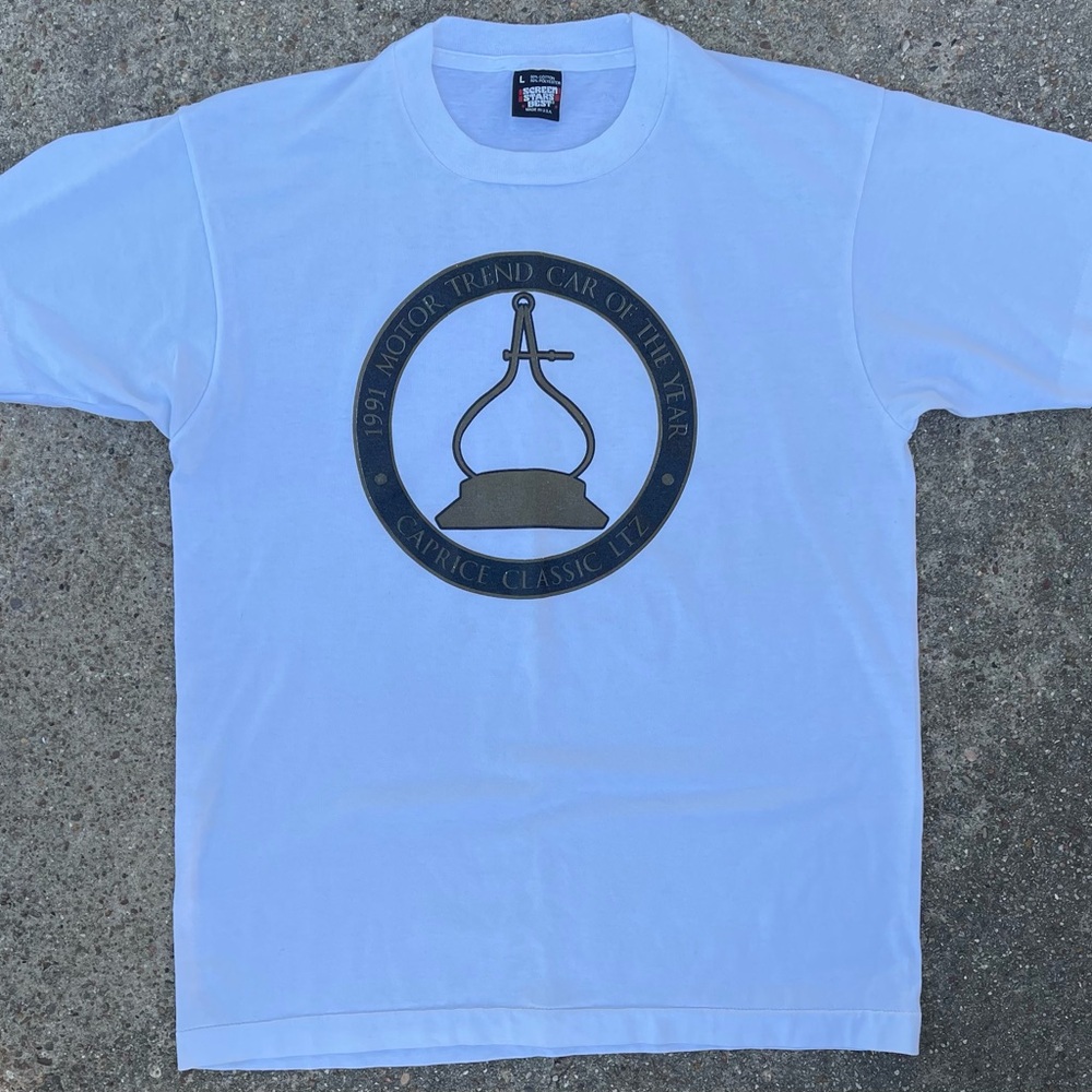 Screen Stars White Graphic Tee with Circular Emblem